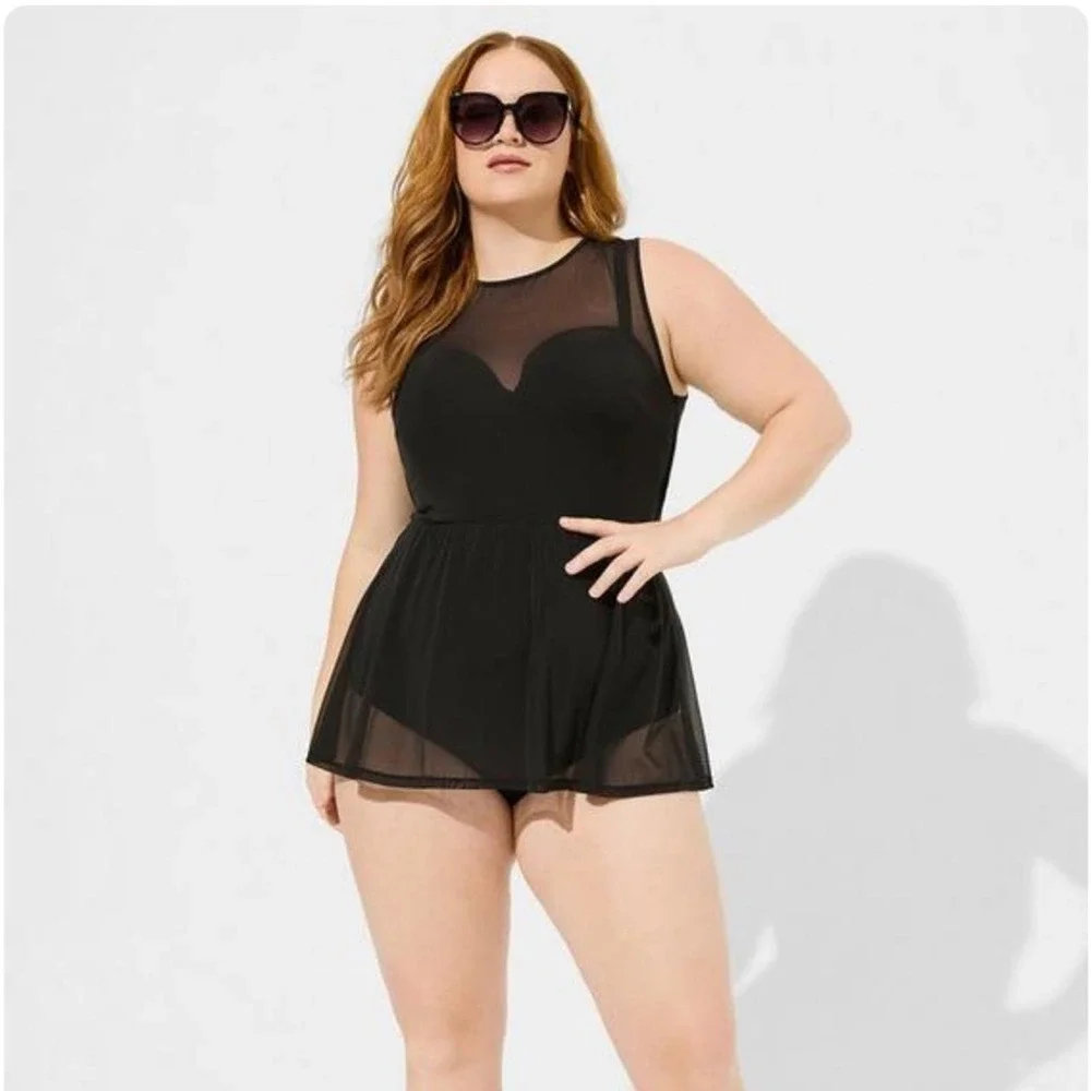 New! Torrid sz 2 Underwire Long‎ Mesh Overlay Bathing Swim Suit Dress 2X